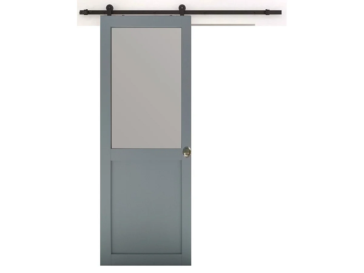 Porte Coulissante Athena Ral7035 Vitree H204 X L73 + Rail A  Roulettes Noir Et Coquilles Gd Menuiseries