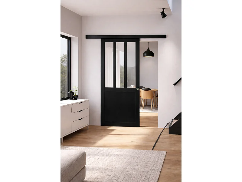 Porte Coulissante Atelier Noir H204 X L73, Rail Alu Bandeau Noir, Coquilles Gd Menuiseries