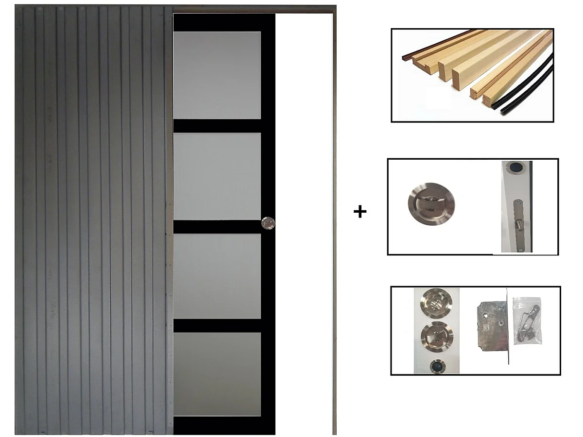 Puerta corredera Telia negra con vidrio H204 x L83 cm, empotrada, kit de acabado Gd Menuiseries sin manilla