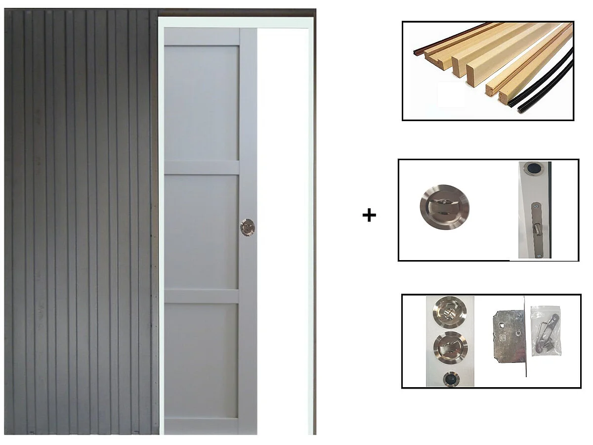 Porte Coulissante Greyria Gris Clair 3 Panneaux Gris Clair H204 X L73 Cm,galandage, Kit Finition Gd Menuiseries