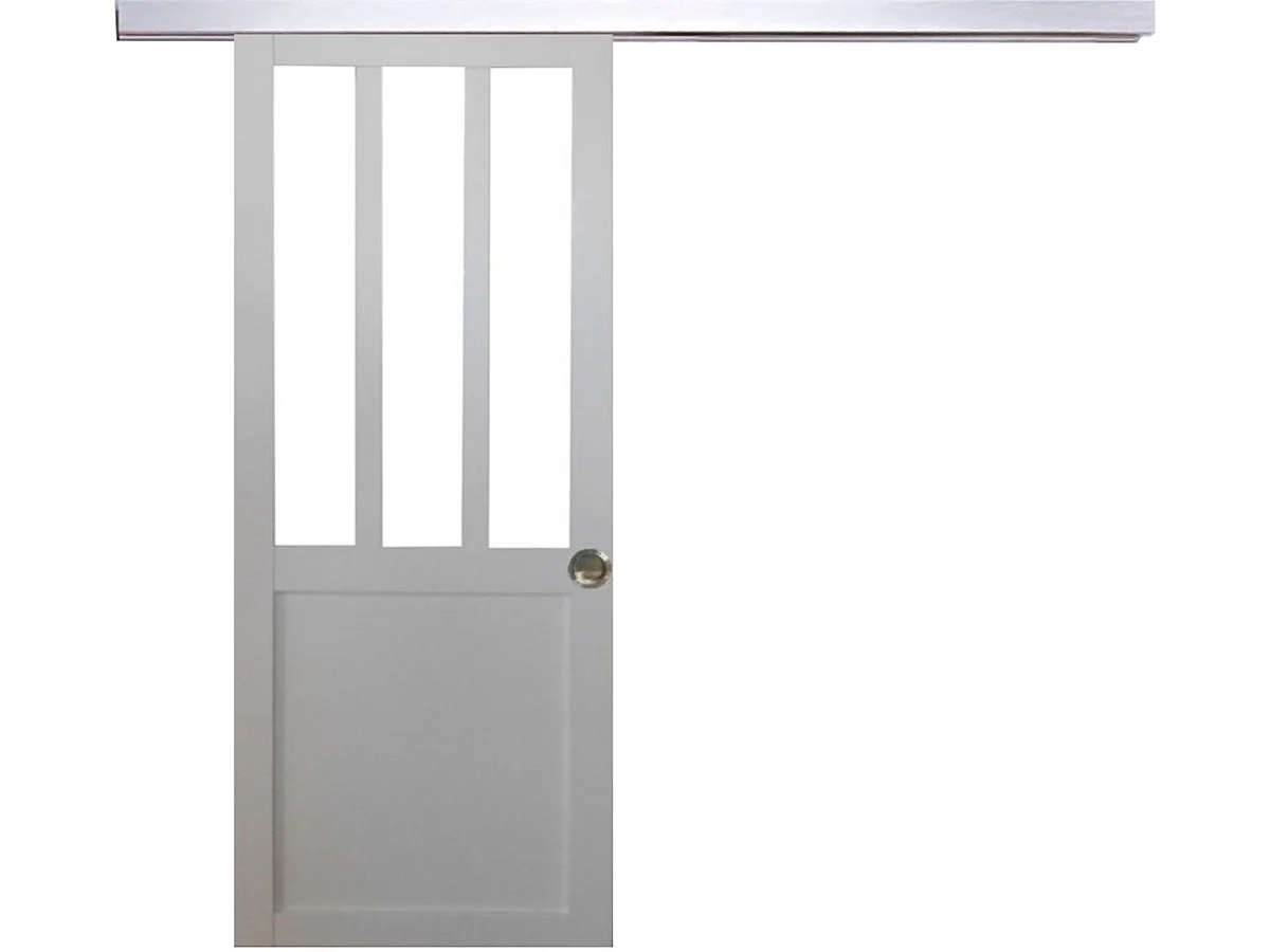 Porte Coulissante Atelier Blanc H204 X L83 Cm, Rail Alu, Coquilles Gd Menuiseries