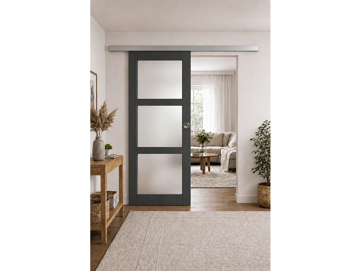 Porte Coulissante Blakeria Gris Anthr Vitrée H204 X L83 Cm, Rail Alu, Coquilles Gd Menuiseries