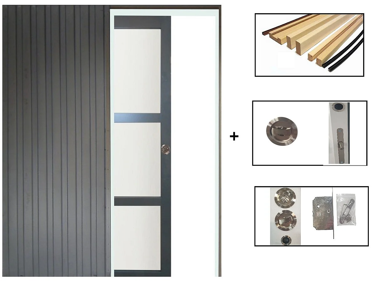 Porte Coulissante Blakeria Vitrée Gris Anthr H204 X L93 Cm, Galandage, Kit De Finition Gd Menuiseries