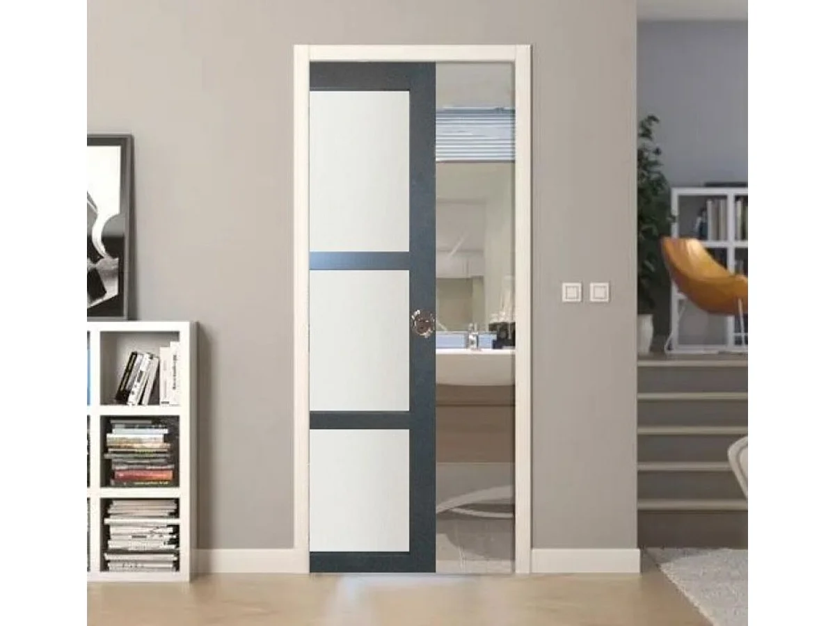 Porte Coulissante Blakeria Vitrée Gris Anthr H204 X L93 Cm, Galandage, Kit De Finition Gd Menuiseries