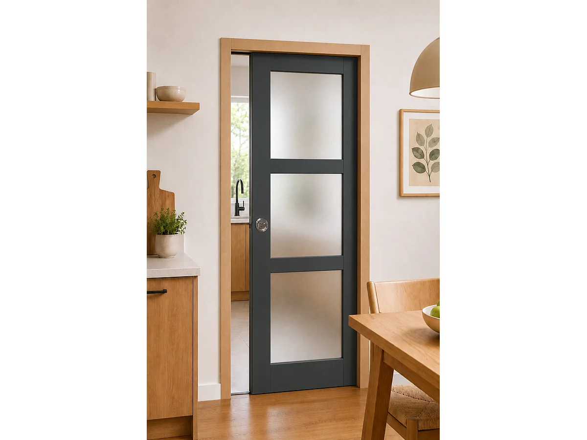 Porte Coulissante Blakeria Vitrée Gris Anthr H204 X L93 Cm, Galandage, Kit De Finition Gd Menuiseries