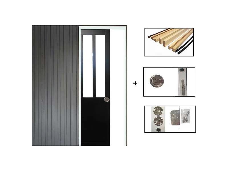 Porte Coulissant Atelier Noir H204 X L83 + Systeme De Galandage Et Kit Finition Inclus Gd Menuiseries