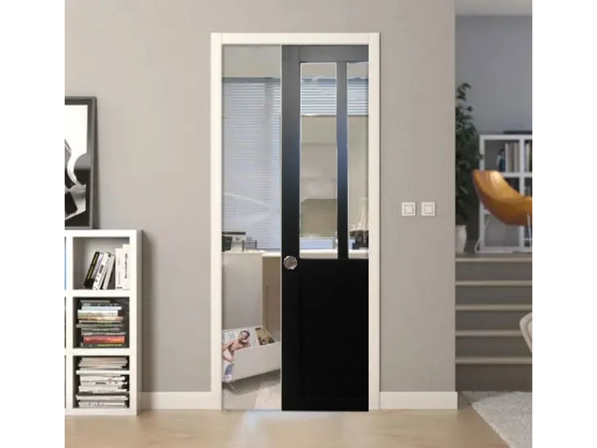 Porte Coulissant Atelier Noir H204 X L83 + Systeme De Galandage Et Kit Finition Inclus Gd Menuiseries