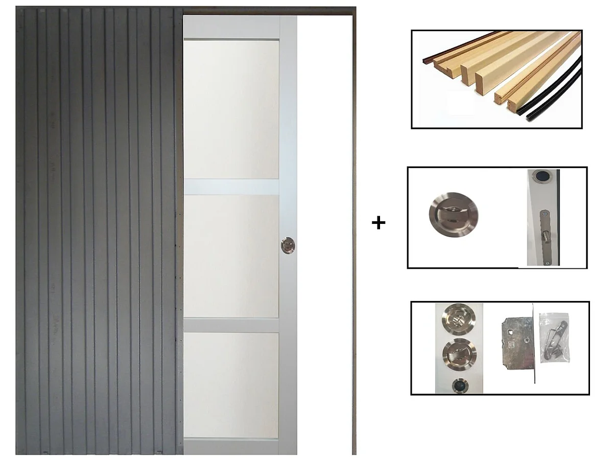 Porte Coulissante Greyria Gris Clair Vitrée H204 X L83 Cm, Galandage, Kit De Finition Gd Menuiseries