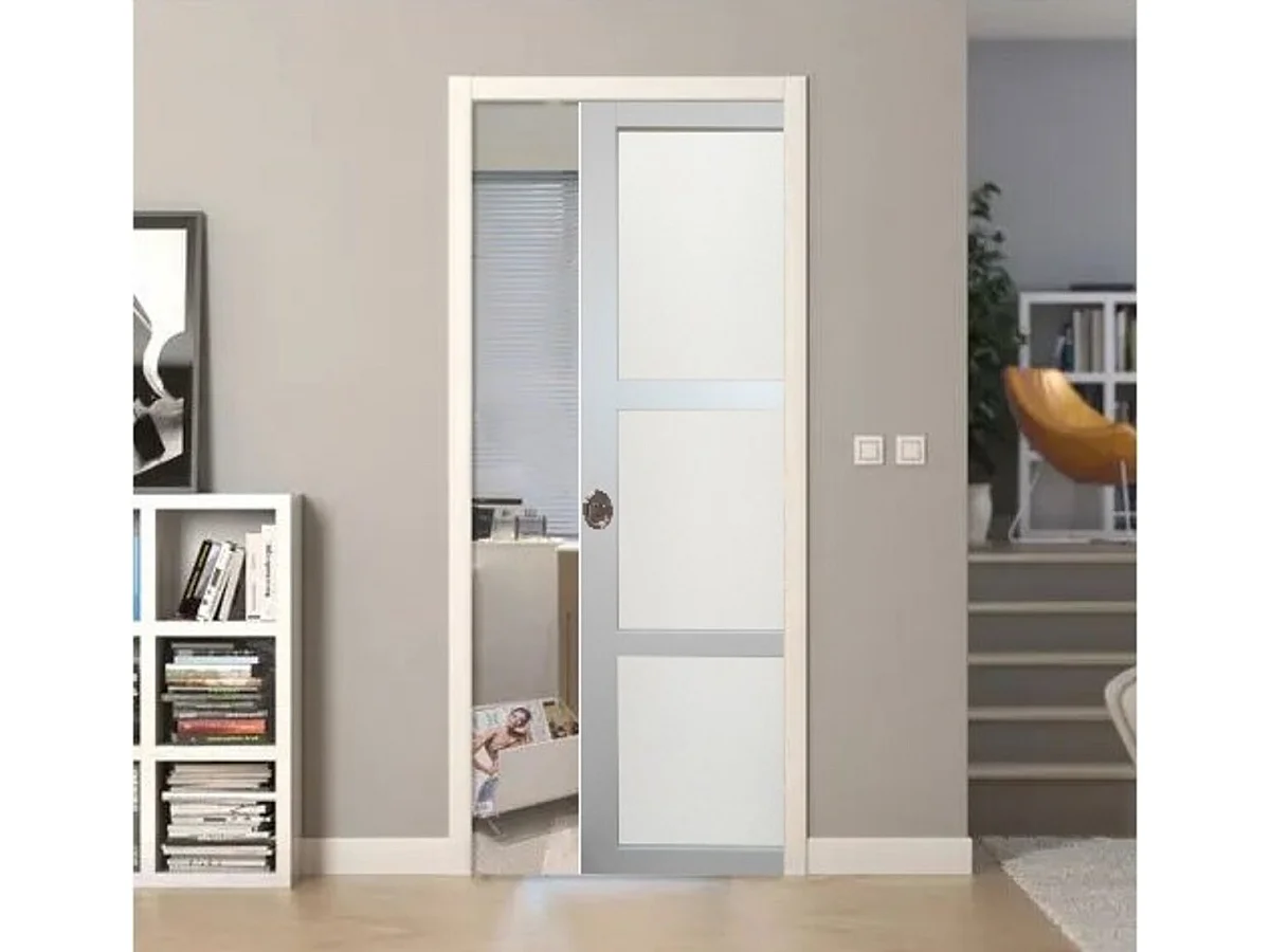 Porte Coulissante Greyria Gris Clair Vitrée H204 X L83 Cm, Galandage, Kit De Finition Gd Menuiseries