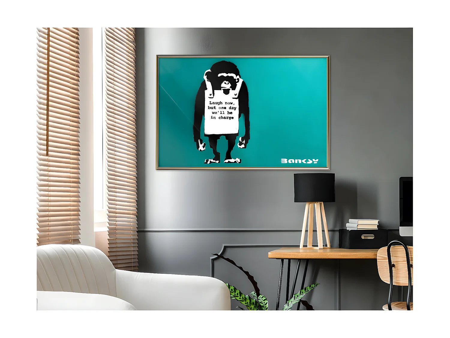 Affiche Murale Encadrée "Banksy Laugh Now" 90 x 60 cm Or