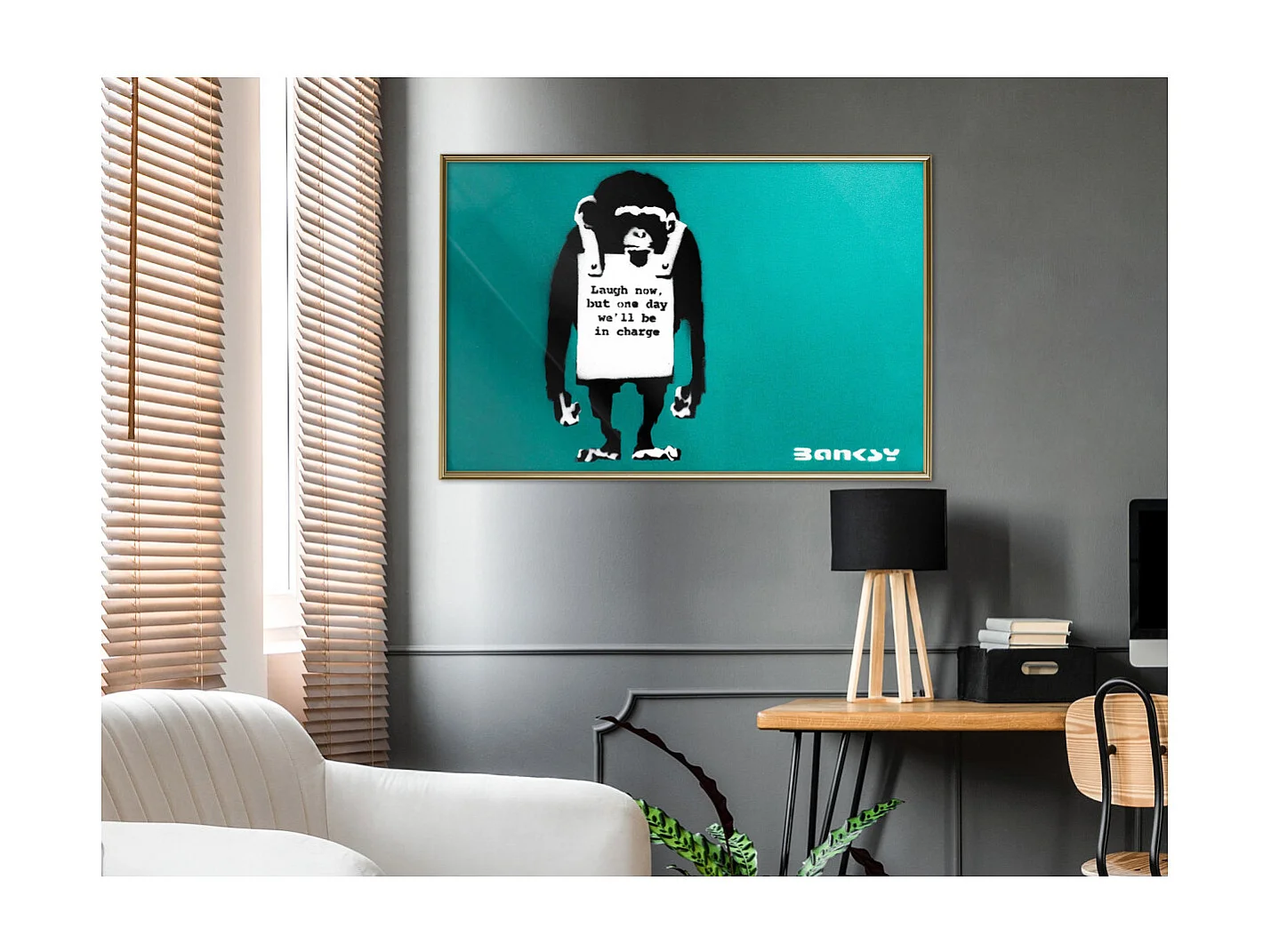 Affiche Murale Encadrée "Banksy Laugh Now" 90 x 60 cm Or