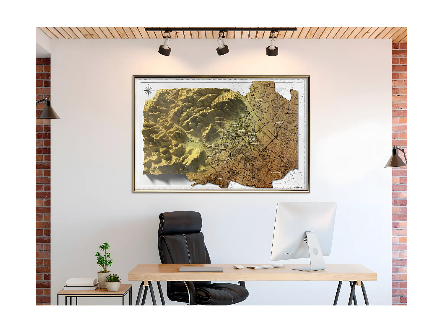 Affiche Murale Encadrée "Raised Relief Map Vienna" 90 x 60 cm Or