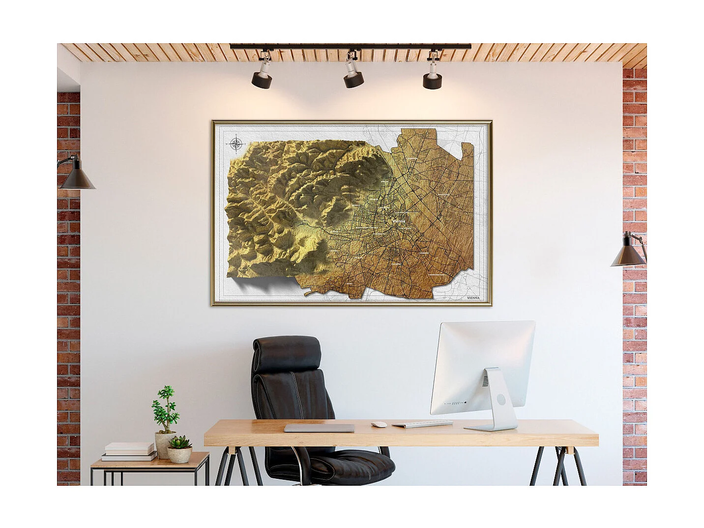 Affiche Murale Encadrée "Raised Relief Map Vienna" 90 x 60 cm Or
