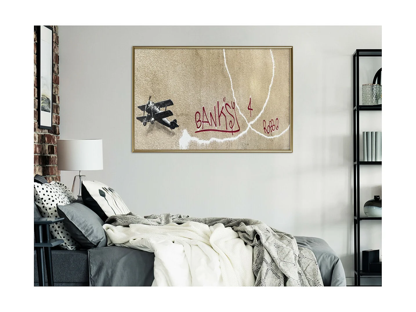 Affiche Murale Encadrée "Banksy Love Plane" 90 x 60 cm Or