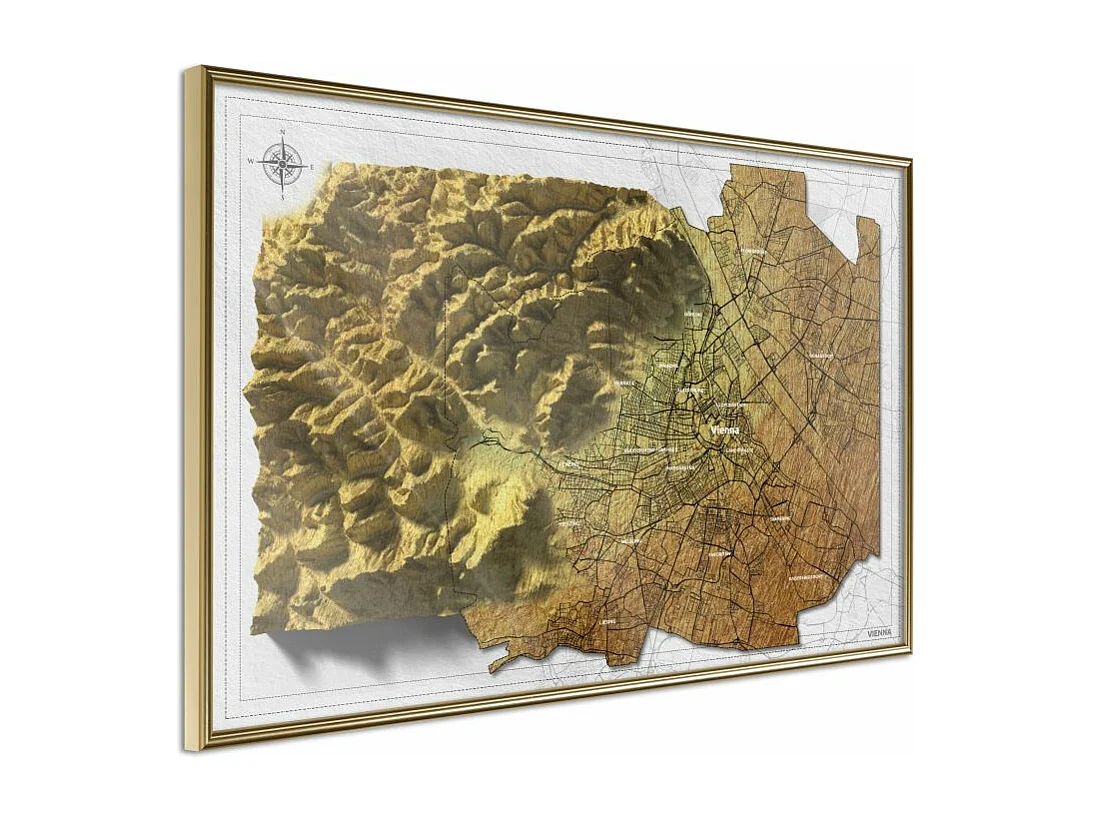 Affiche Murale Encadrée "Raised Relief Map Vienna" 45 x 30 cm Or