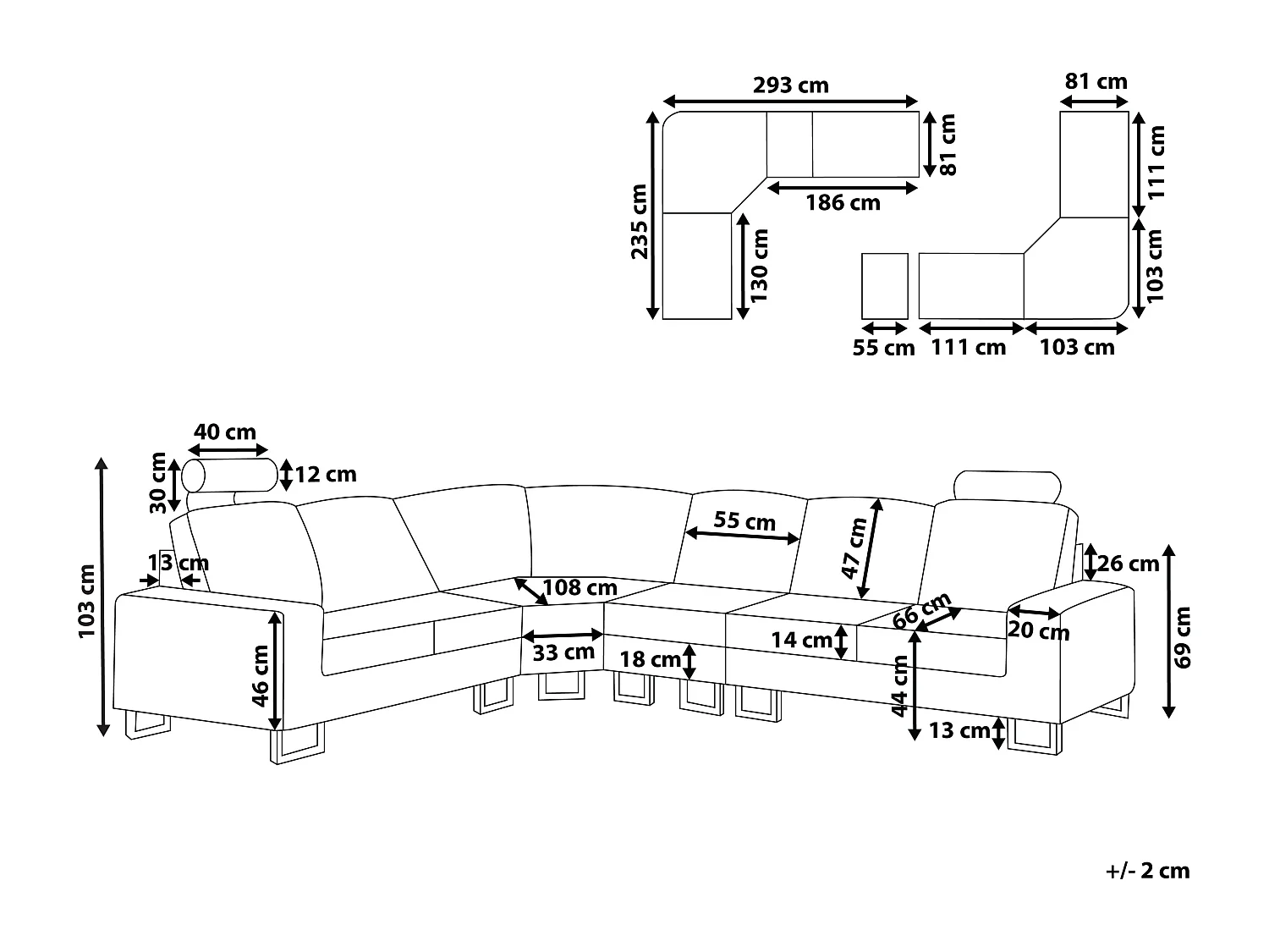 Canapé 6 Places d'Angle à gauche en Cuir Noir avec Appui-Tête Réglable Taies Lavables Stockholm II