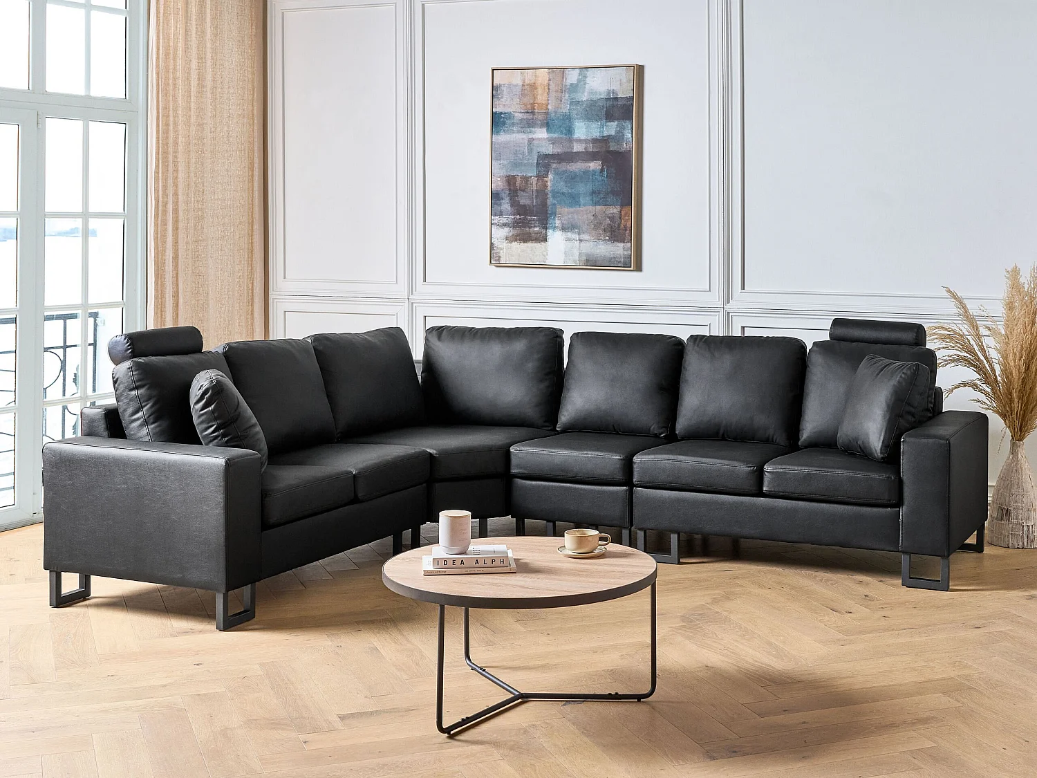 Canapé d'angle STOCKHOLM Cuir Noir 6 places Côté droit