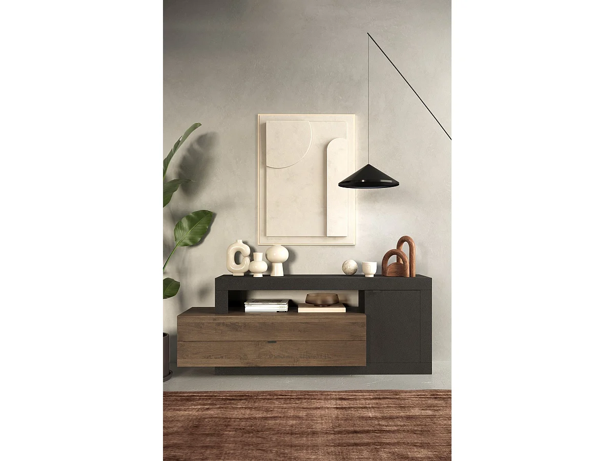 Buffet bas-Meuble TV 1 porte + 2 tiroirs FREEDOM Lave-chêne Mercure 160 cm