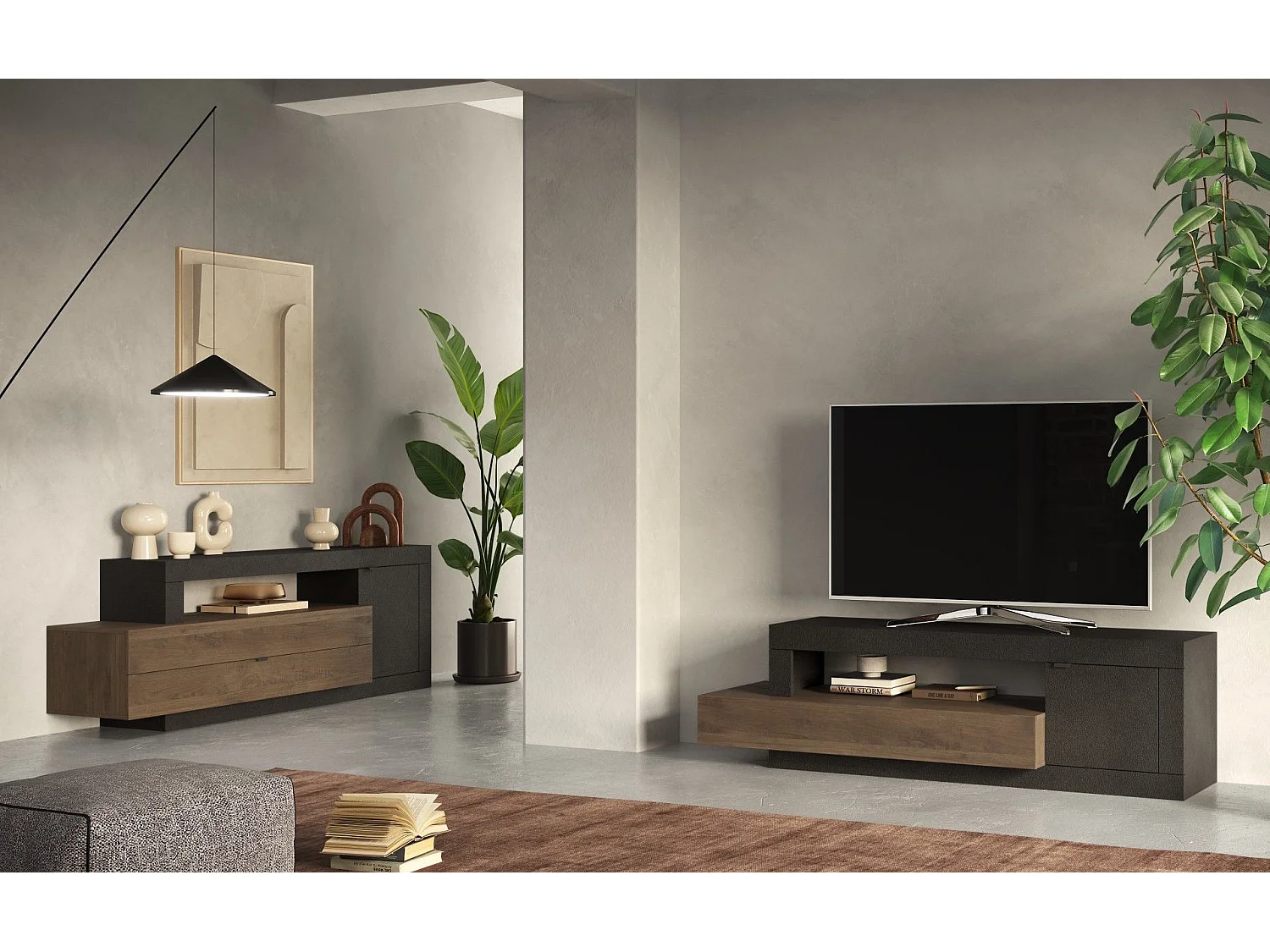 Buffet bas-Meuble TV 1 porte + 2 tiroirs FREEDOM Lave-chêne Mercure 160 cm