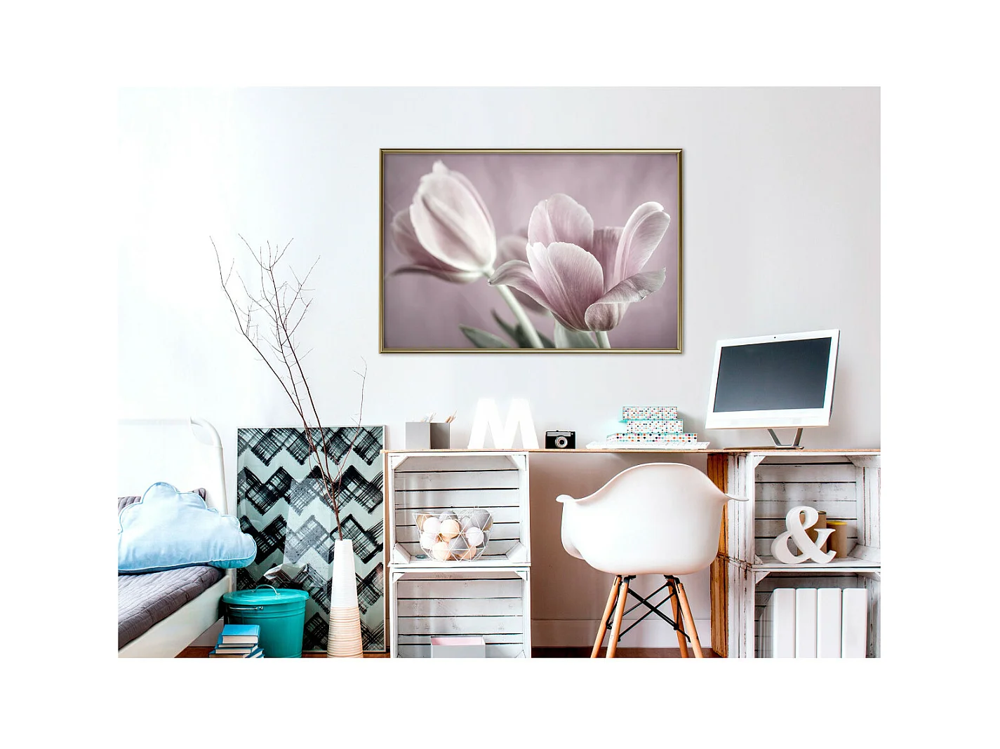 Affiche Murale Encadrée "Pastel Tulips I" 90 x 60 cm Or