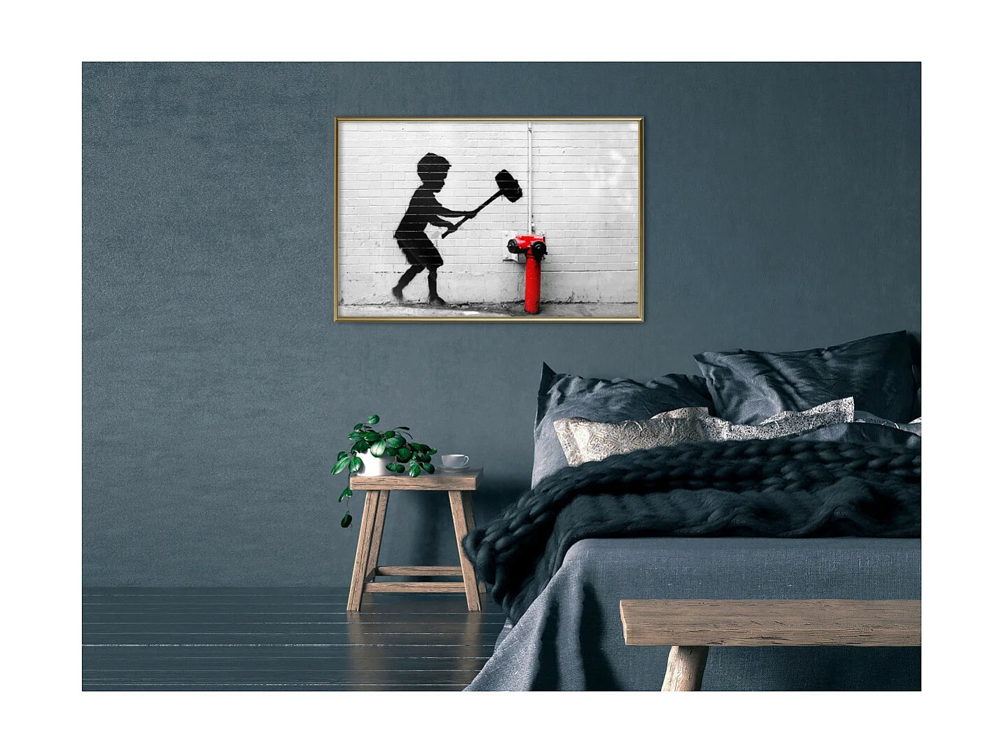 Affiche Murale Encadrée "Banksy Hammer Boy" 90 x 60 cm Or