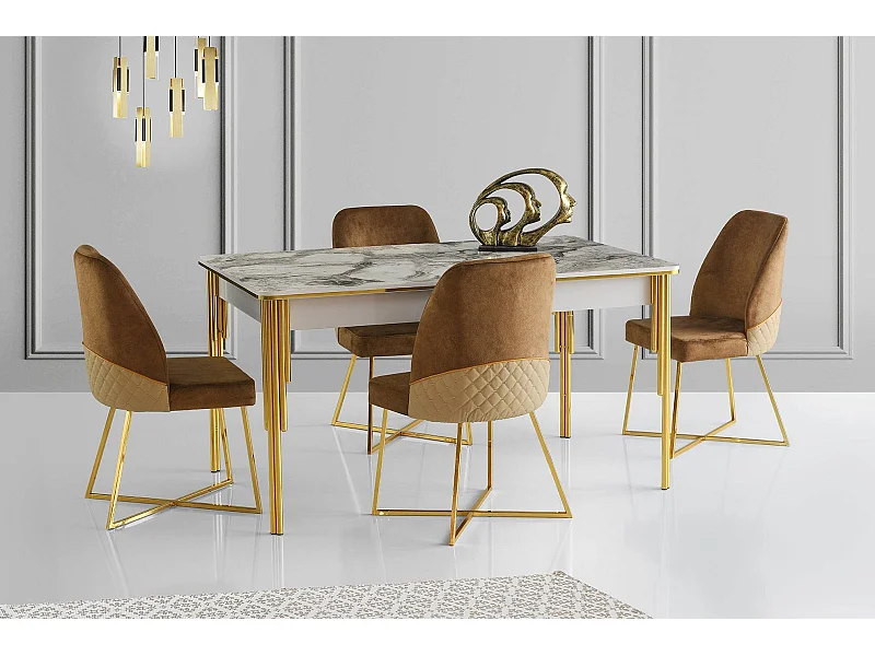 Table salle à manger extensible Diallo Effet marbre Blanc et Métal Or