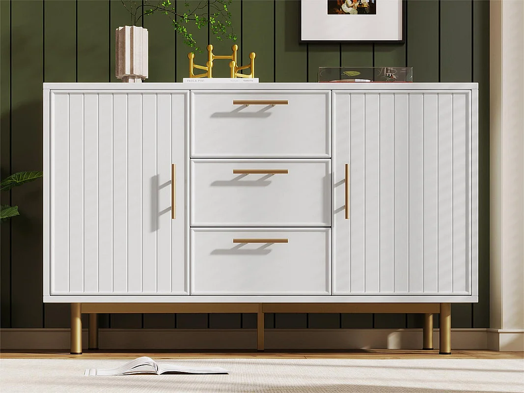 Commode décorée de rayures verticales - 3 tiroirs et 2 portes avec étagères réglables - Blanc