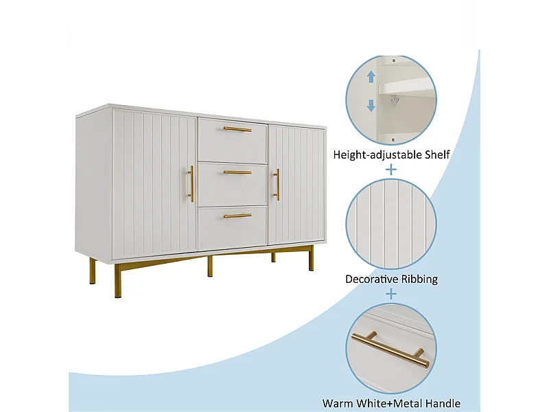 Commode décorée de rayures verticales - 3 tiroirs et 2 portes avec étagères réglables - Blanc