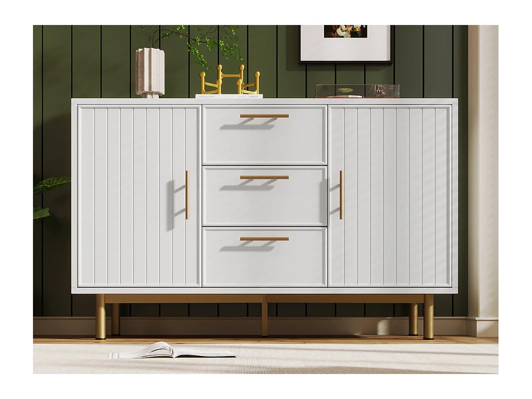 Commode décorée de rayures verticales - 3 tiroirs et 2 portes avec étagères réglables - Blanc