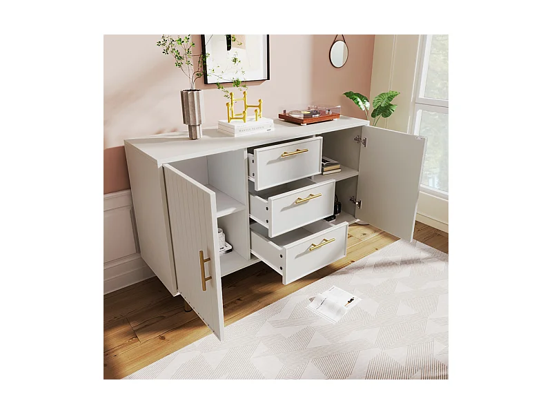 Cómoda decorada con rayas verticales - 3 cajones y 2 puertas con estantes regulables - Blanco