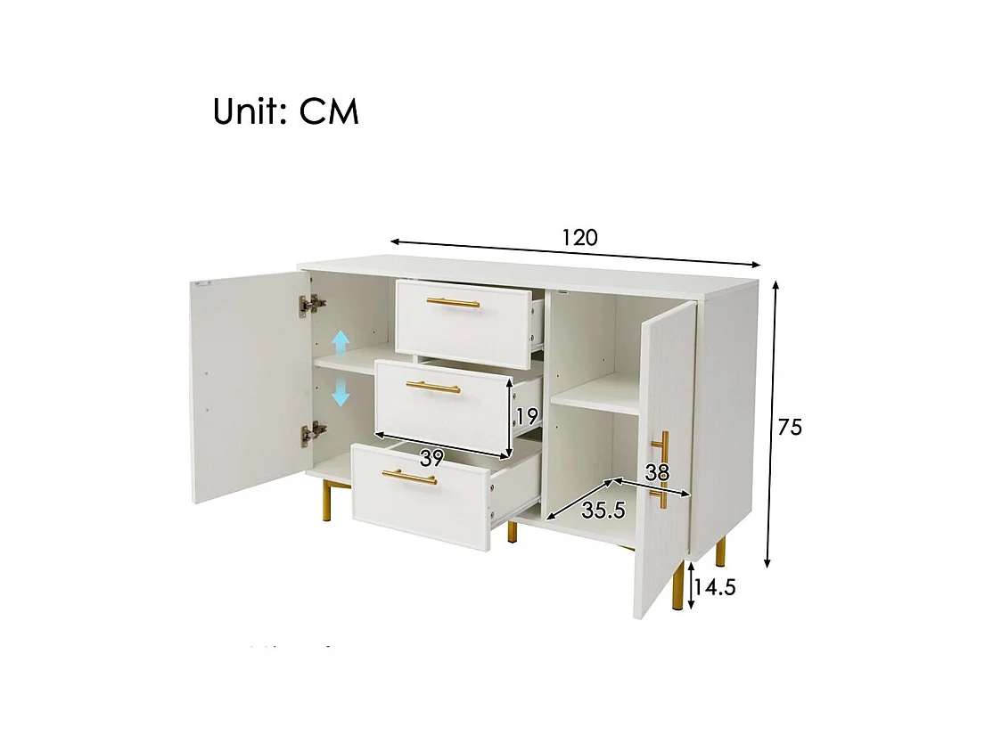 Cómoda decorada con rayas verticales - 3 cajones y 2 puertas con estantes regulables - Blanco