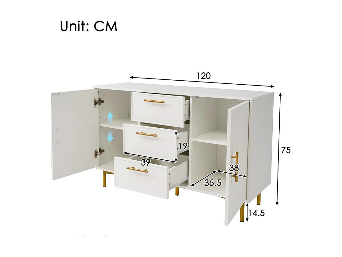 Cassettiera decorata con strisce verticali - 3 cassetti e 2 ante con ripiani regolabili - Bianco