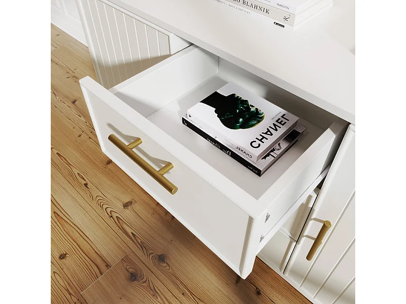 Cassettiera decorata con strisce verticali - 3 cassetti e 2 ante con ripiani regolabili - Bianco