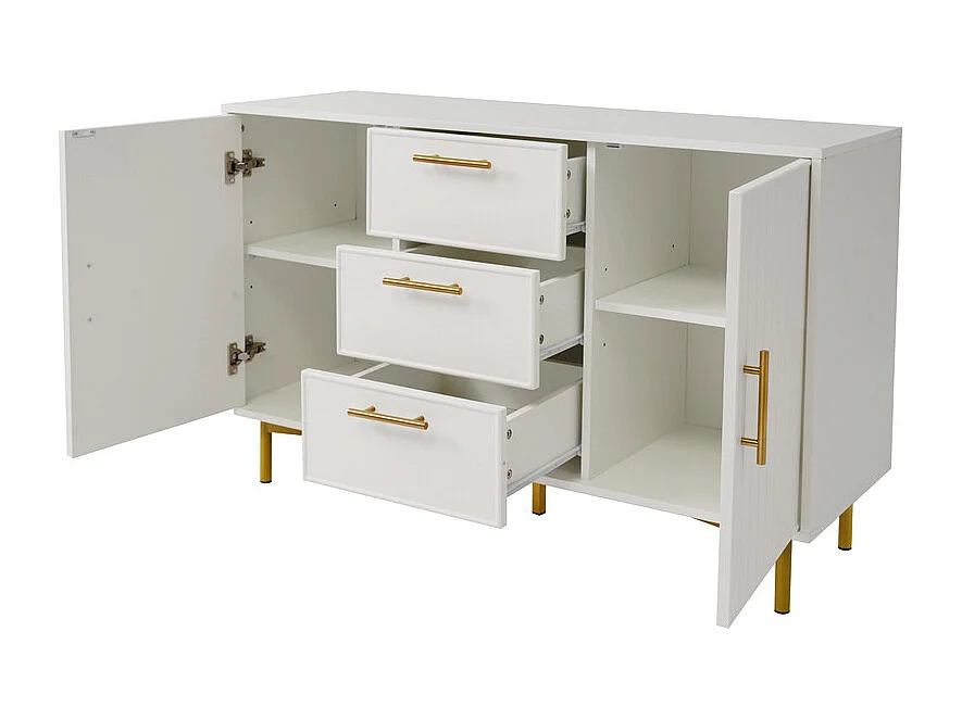 Cassettiera decorata con strisce verticali - 3 cassetti e 2 ante con ripiani regolabili - Bianco