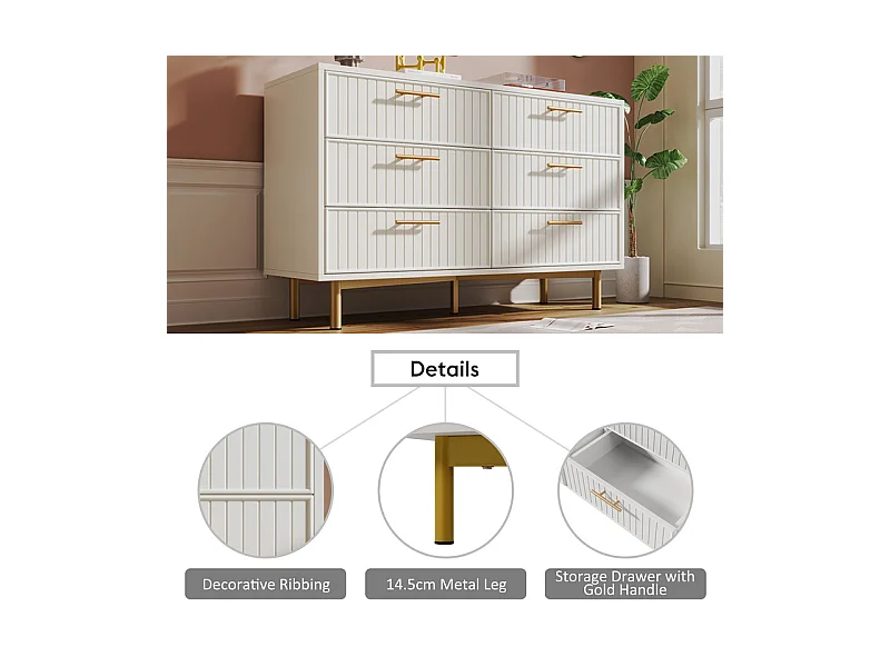 Kommode mit vertikalen Streifen verziert – 6 Schubladen – Weiß