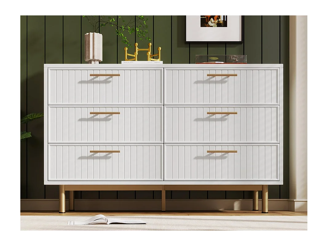 Commode décorée de rayures verticales - 6 tiroirs - Blanc