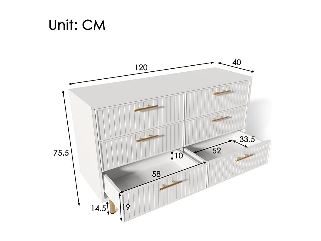 Ladekast versierd met verticale strepen - 6 lades - Wit