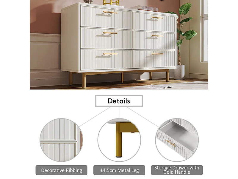 Ladekast versierd met verticale strepen - 6 lades - Wit