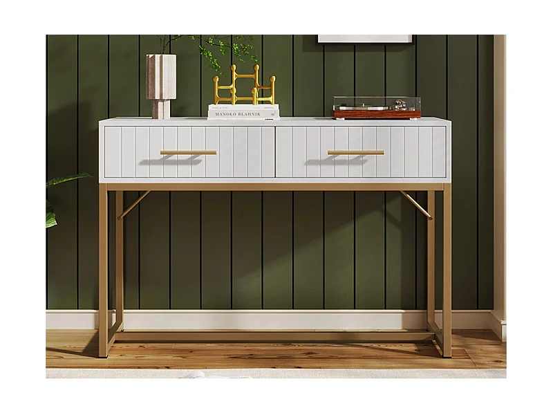 Mit vertikalen Streifen verzierter Schminktisch – H 75 cm – mit 2 Schubladen und Metallsockel – Weiß