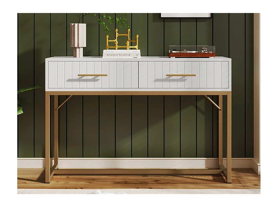 Mit vertikalen Streifen verzierter Schminktisch – H 75 cm – mit 2 Schubladen und Metallsockel – Weiß