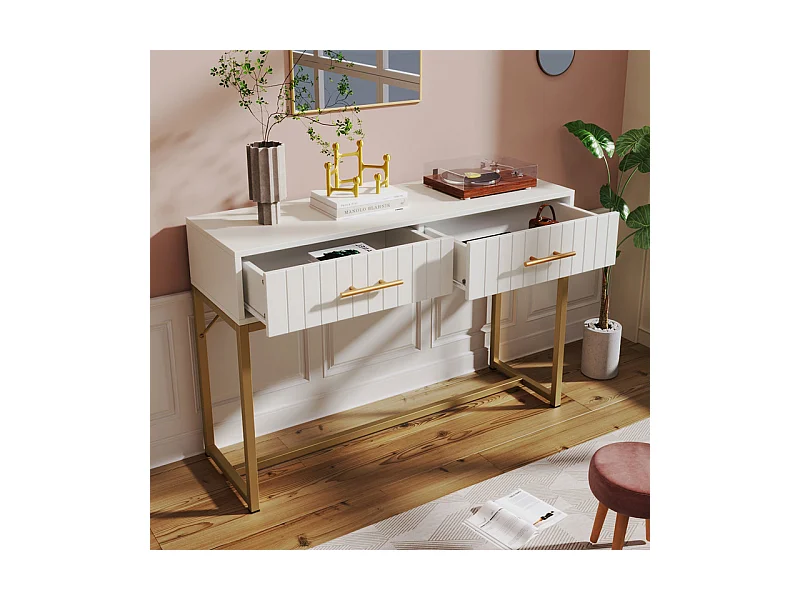 Mit vertikalen Streifen verzierter Schminktisch – H 75 cm – mit 2 Schubladen und Metallsockel – Weiß