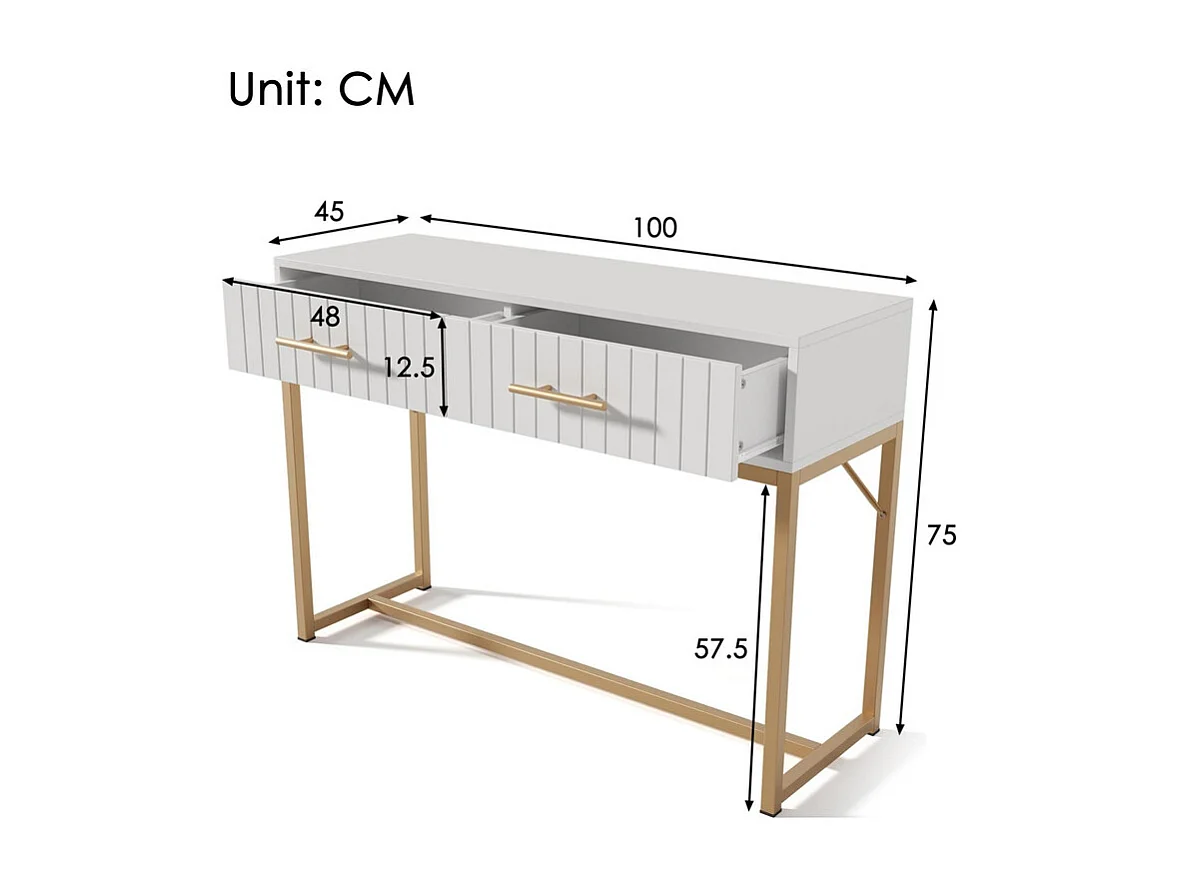 Mit vertikalen Streifen verzierter Schminktisch – H 75 cm – mit 2 Schubladen und Metallsockel – Weiß