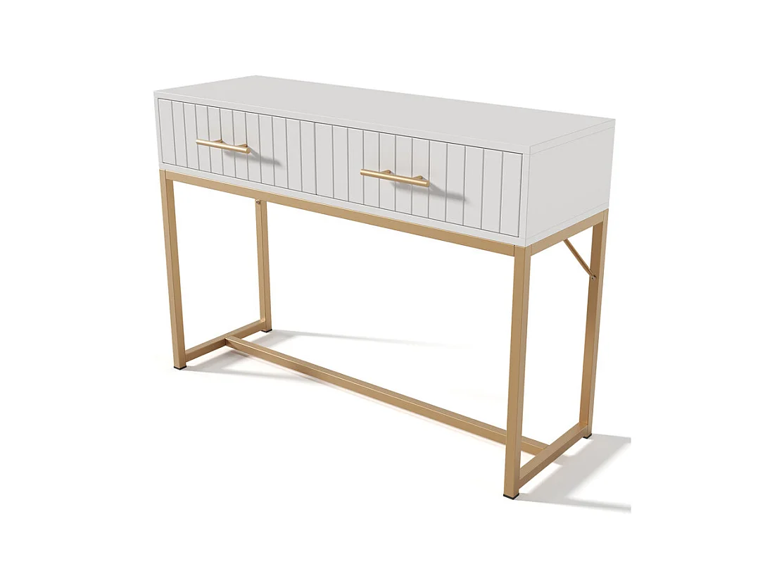 Mit vertikalen Streifen verzierter Schminktisch – H 75 cm – mit 2 Schubladen und Metallsockel – Weiß