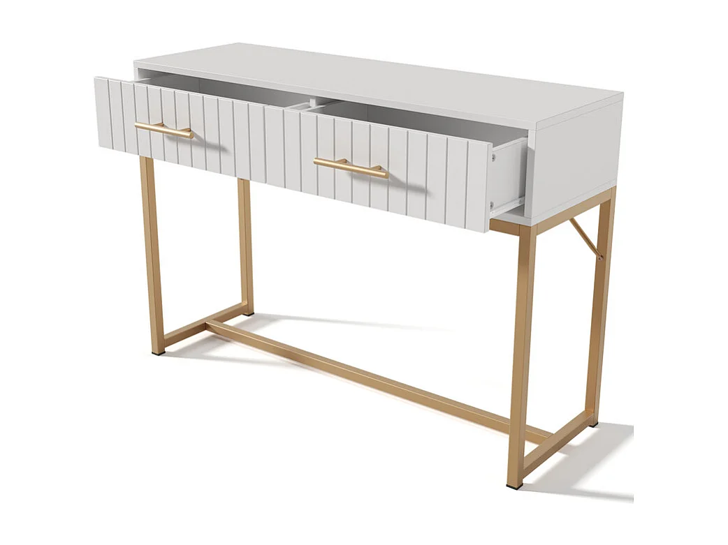 Mit vertikalen Streifen verzierter Schminktisch – H 75 cm – mit 2 Schubladen und Metallsockel – Weiß