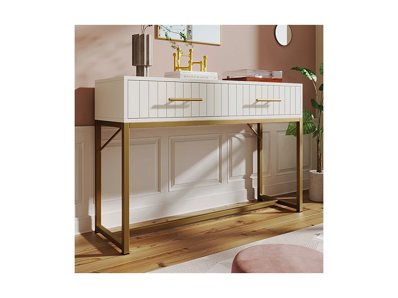 Tocador decorado con rayas verticales - Al. 75 cm - con 2 cajones y base de metal - Blanco