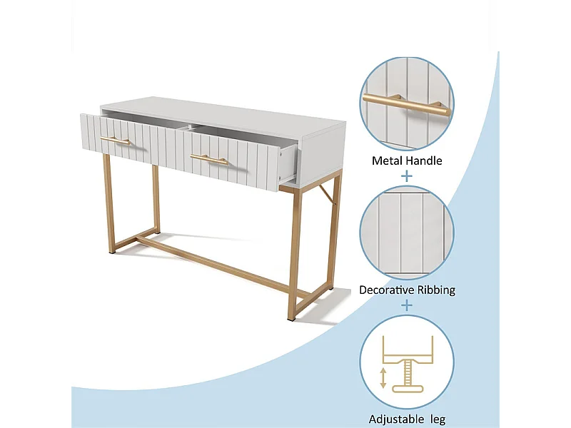 Toeletta decorata con righe verticali - H 75 cm - con 2 cassetti e base in metallo - Bianco