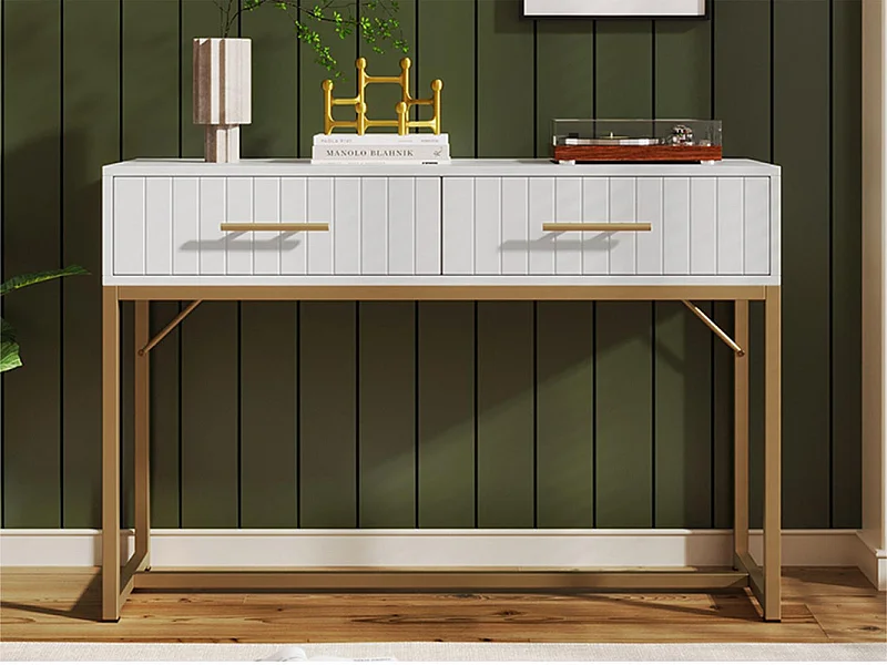 Toeletta decorata con righe verticali - H 75 cm - con 2 cassetti e base in metallo - Bianco