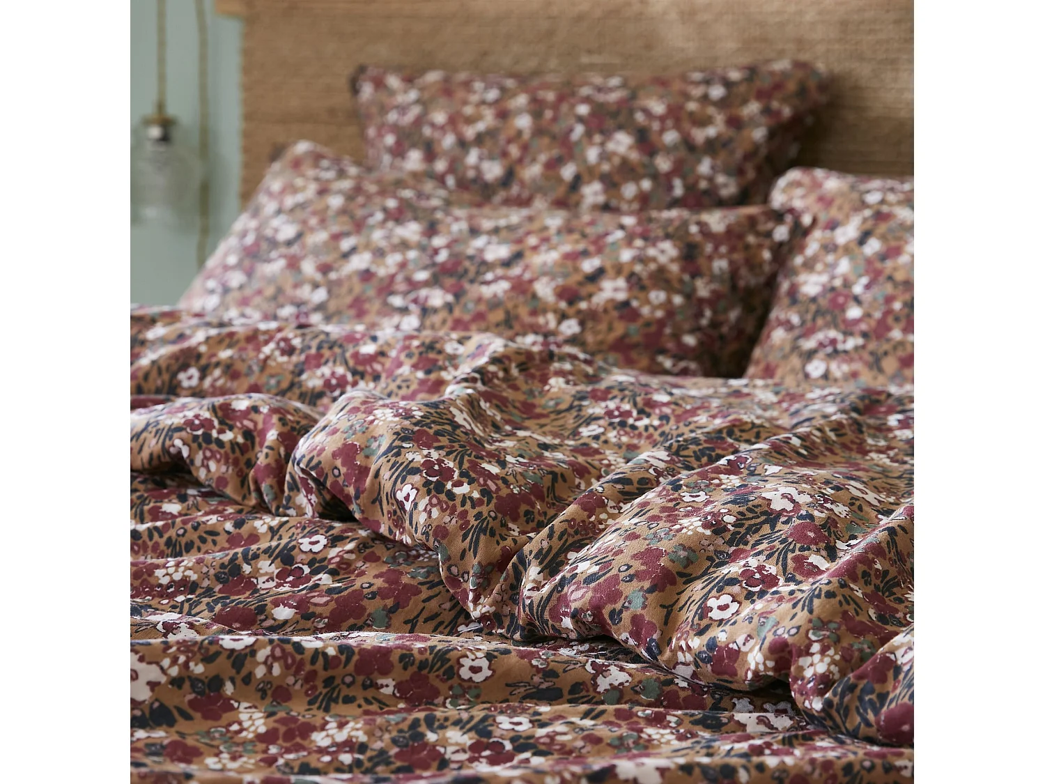 Parure de lit gaze de coton imprimé floral marron camel 220x240