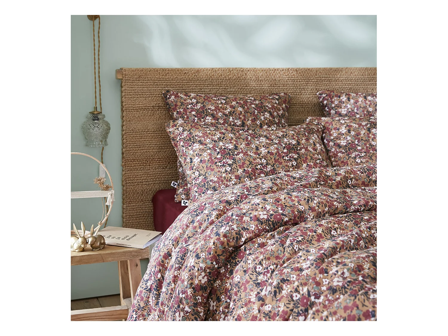 Parure de lit gaze de coton imprimé floral marron camel 140x200