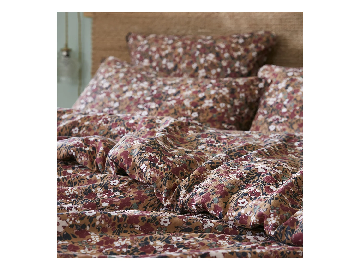 Parure de lit gaze de coton imprimé floral marron camel 140x200